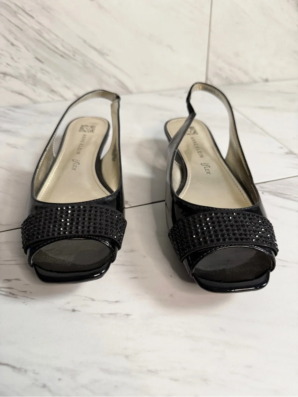 3/$50 Anne Klein Flex Jakobe Embellished Black Patent Slingback Flats Womens 7M